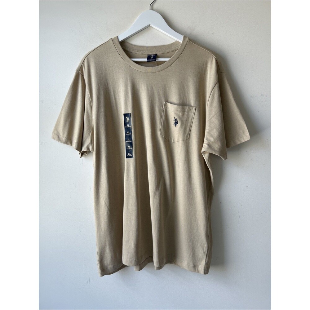 U.S. Polo ASSN. Mens XL Beige Cotton V-Neck Short Sleeve Pony Logo Casual Preppy
